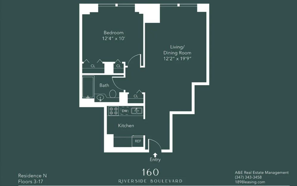 3N - 1 bedroom floorplan layout with 1 bathroom and 616 square feet (Floor 12)